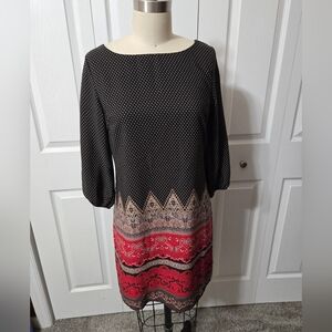 Black & Red Multicolored Design Dress, 3/4 Sleeves, Size Small, Like New Cond